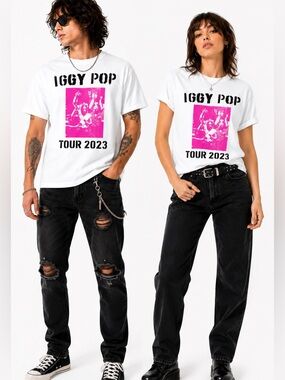 Iggy Pop Tour 2023 Graphic T-Shirt Mens/womens Med White Pink Concert Merch NEW